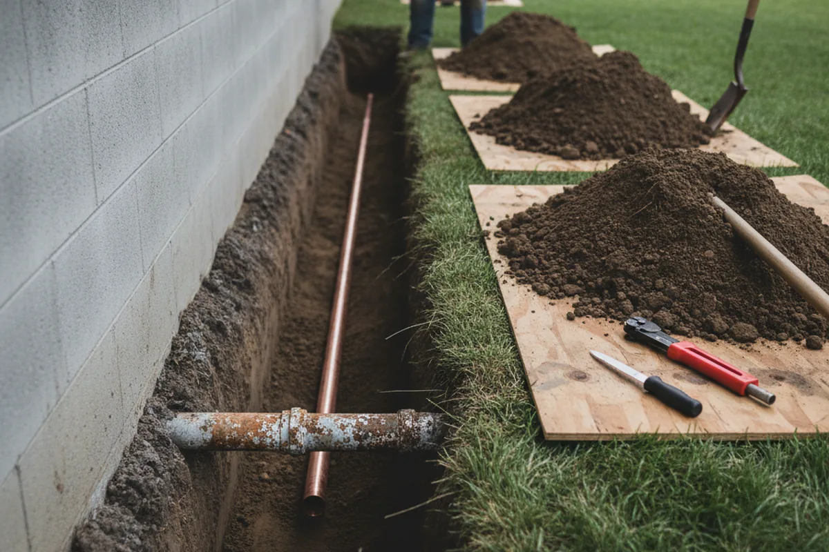 Excavated water line trench during Sewer Line Repair in Pierson